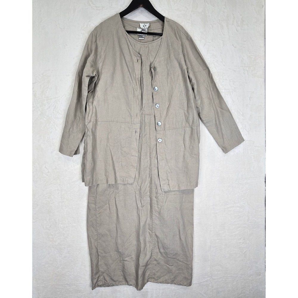 ICE 100% Linen 2 Piece Set Maxi Dress Oversized Jacket Beige Size 12 Vintage